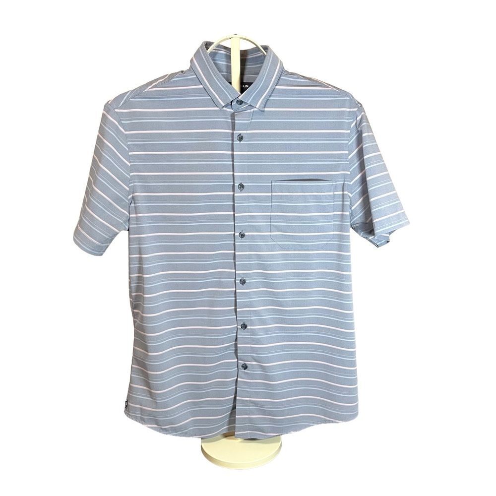 Mizzen+Main Leeward Short Sleeve Striped Dress Shirt size Medium Grey Blue Pink